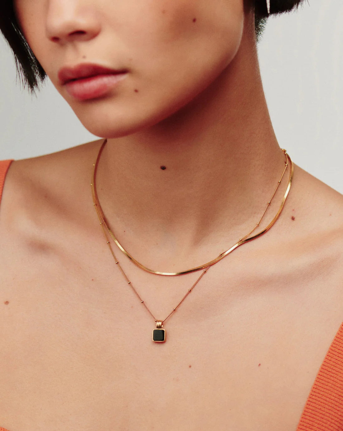 Square Onyx Pendant Necklace – Delicate Chain, Protection Stone