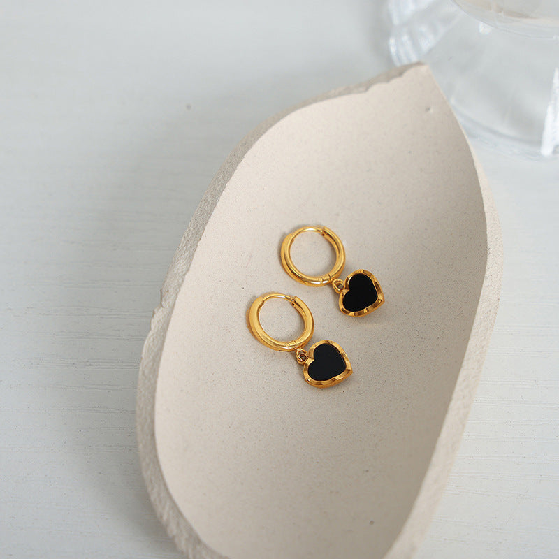 14K  black drop glaze peach heart earrings