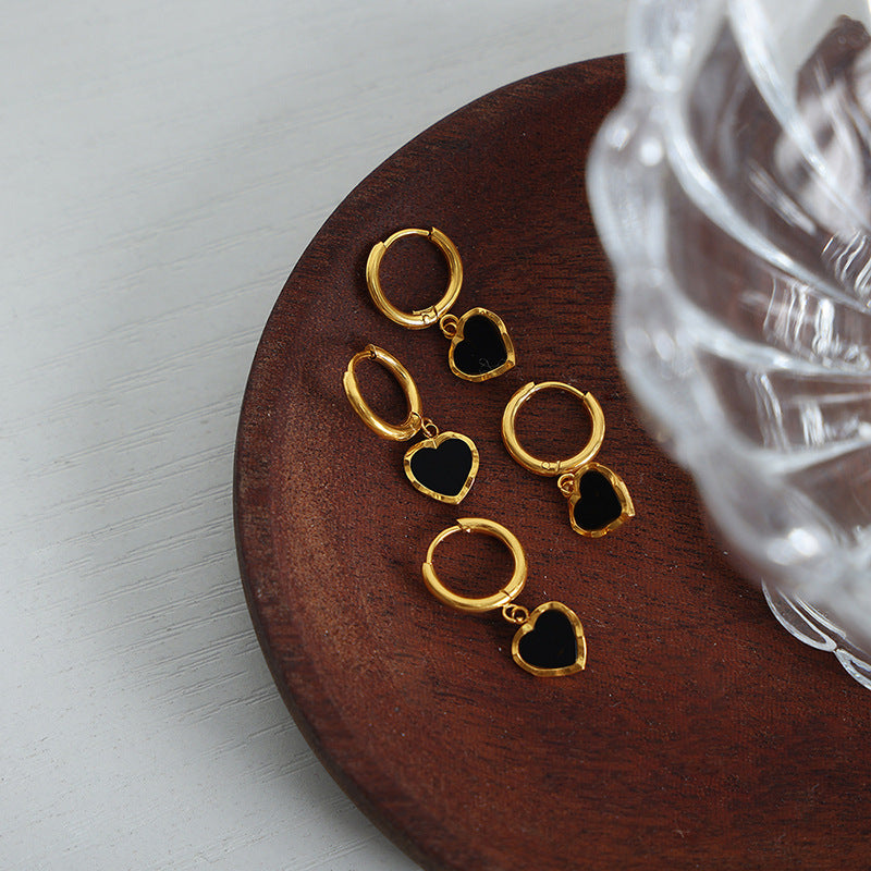 14K  black drop glaze peach heart earrings