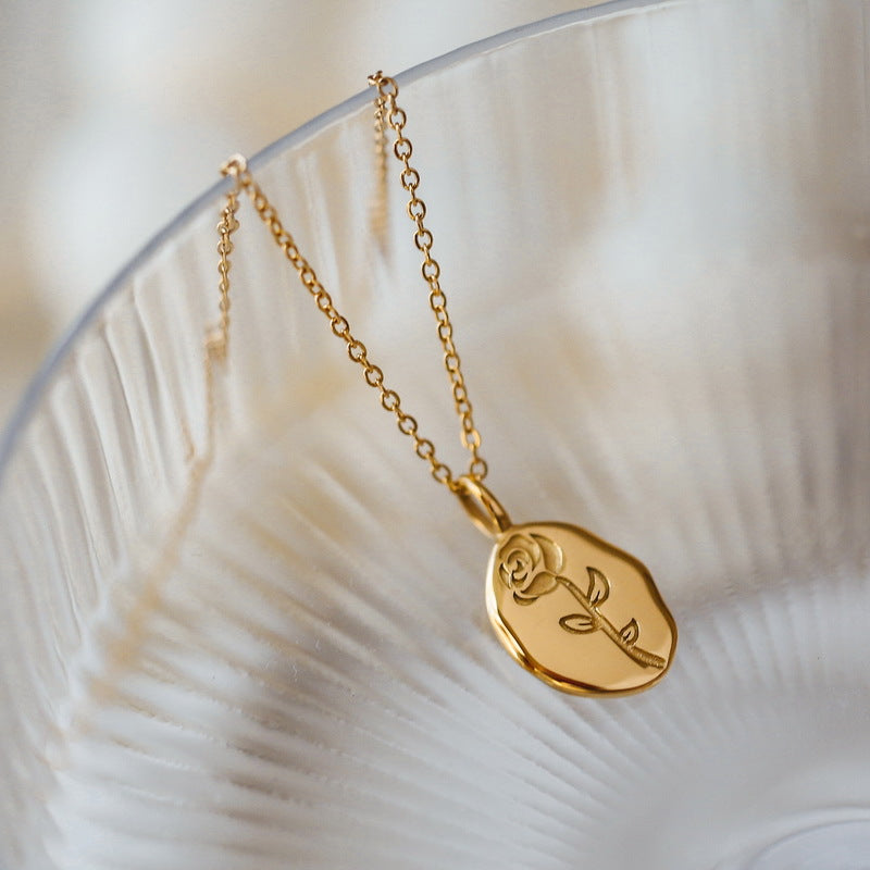 14K  Oval Rose Round Card Necklace