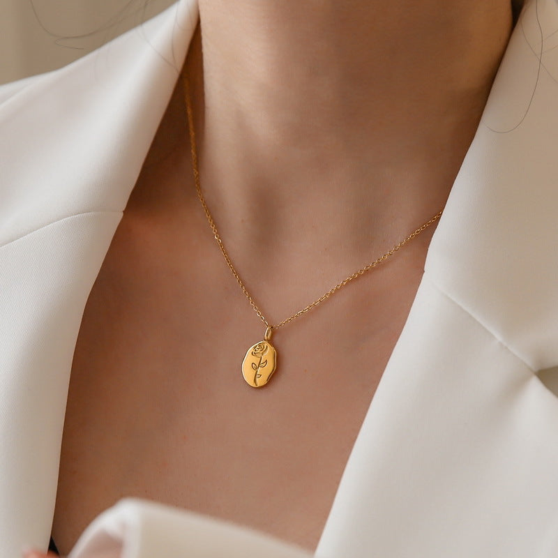 14K  Oval Rose Round Card Necklace