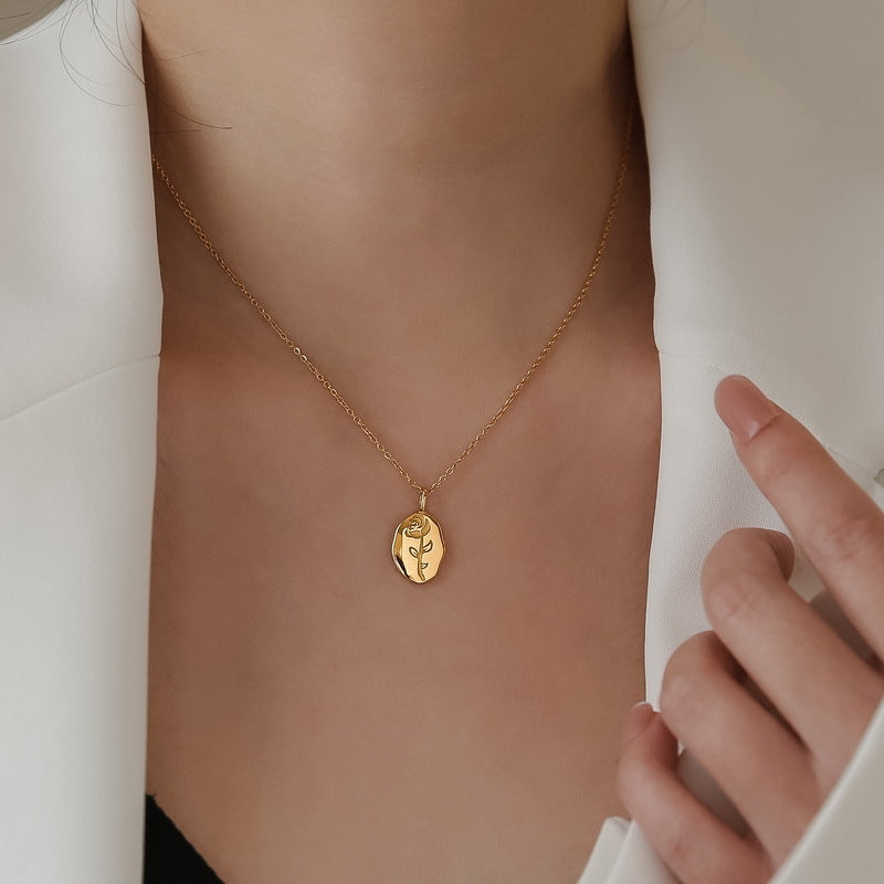14K  Oval Rose Round Card Necklace