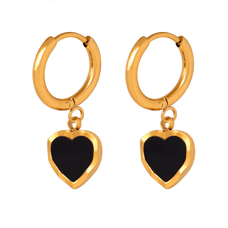 14K  black drop glaze peach heart earrings