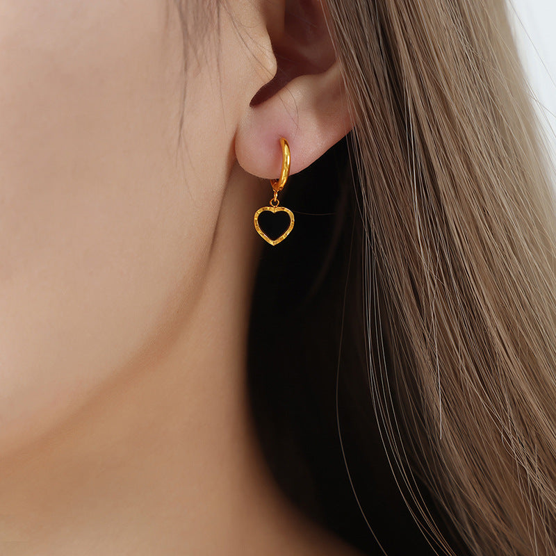 14K  black drop glaze peach heart earrings