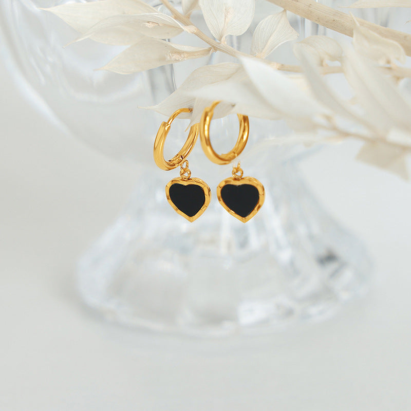 14K  black drop glaze peach heart earrings